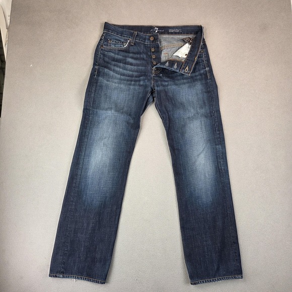 7 For All Mankind Jeans Mens 32 Blue Standard Straight Leg Button Fly USA Denim - Picture 1 of 11